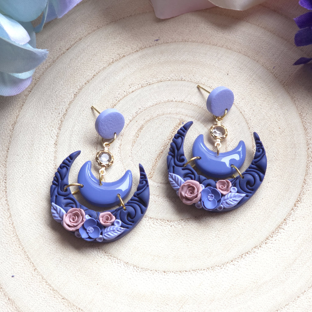 Floral Crescent Moon Drop Earring - 2