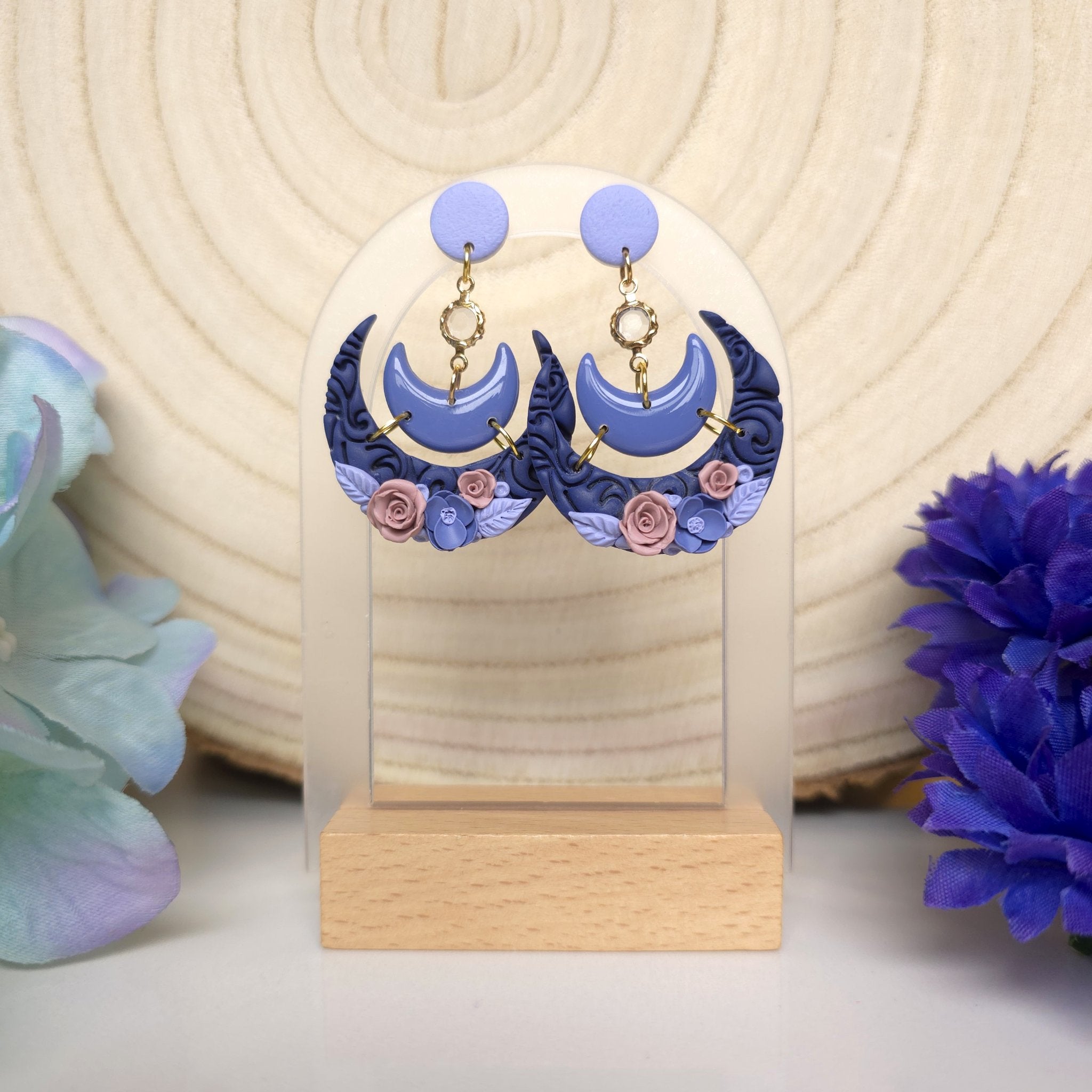 Floral Crescent Moon Drop Earring - 3