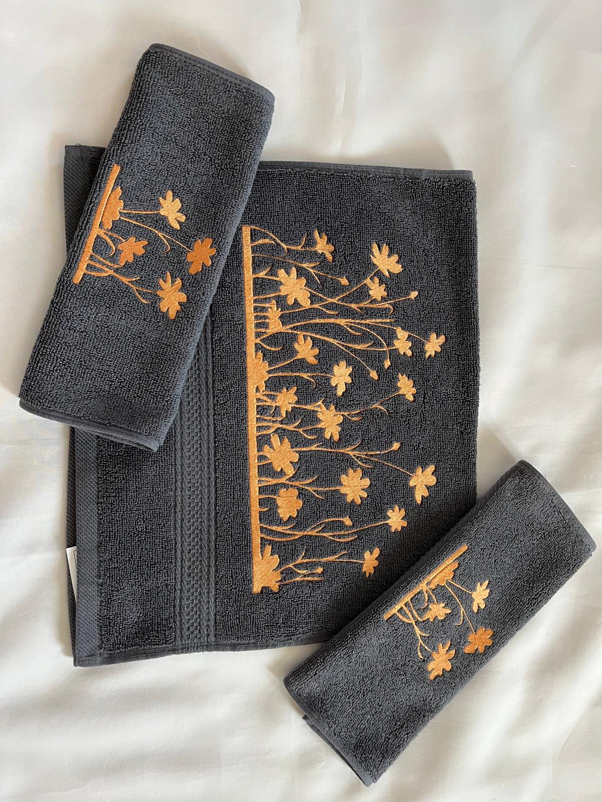 Flower Garden Towel Set - Grey Towel - Yellow Embroidery - 1