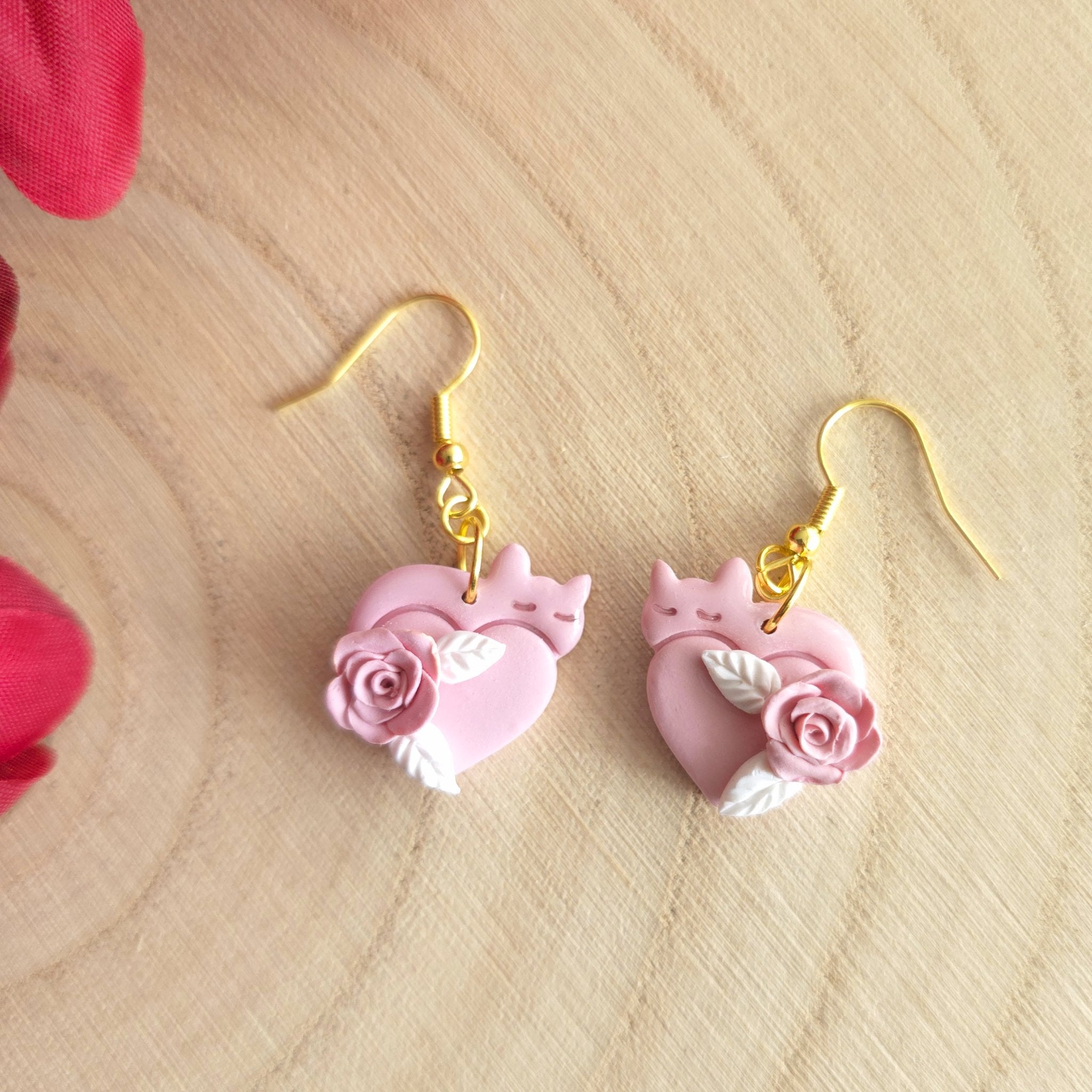 Pink Cat Heart Drop Earrings